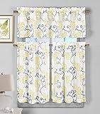3 Piece Sheer Window Curtain Set: Floral Vine Design, 2 Tiers, 1 Valance (Yellow)