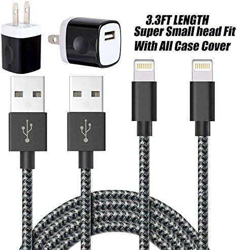 LTI-Direct iPhone iPod Charger Combo 2X Wall Adapter 2X 3.3ft Nylon Braided 8 Pin USB Charger Cable For iPhone 7 7S Plus ,SE, 6, 6s plus, 5 5s 5c iPod Touch 5 Nano 7 (Black)