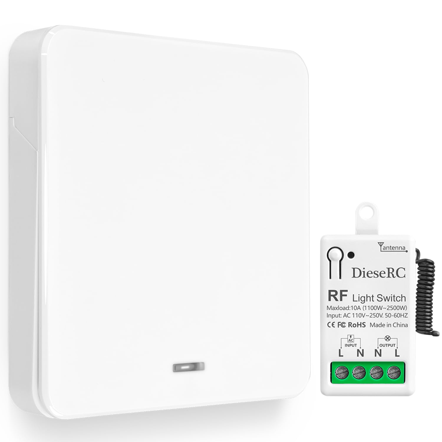 DieseRC Mini Wireless Light Switch Kit 86 Wall Panel RF Safety Switch and 10 Amp Relay receiver controller, No Wiring Easy Install, for Indoor Outdoor Light Lamp