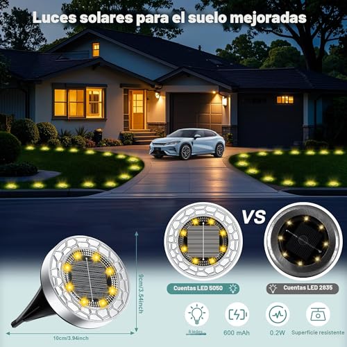 FIFlying 10 Pieces Solar LED Outdoor Garden Lights, 8 LED Solar Lights Outdoor Garden Floor, Stainless Steel, LED Solar Garden Lights for Lawn, Path, Sidewalk, Patio, Warm White