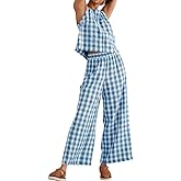 Ablyea Women 2 Piece Outfits Cotton Gingham Pajama Set Y2K Plaid Sleeveless Top Wide Leg Pants Lounge Matching Set S-XXL Blue