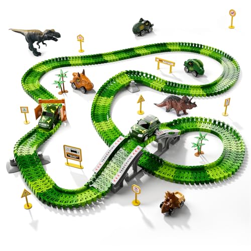 iHaHa Dinosaur Race Car Track Toys, Dinosaur Race Track for Kids Toddler Boys Toys, 6 PCS Dino Car, 2 Dino and Flexible Race Track Create A Dinosaur Road Toys Gifts for 3 4 5 6 Year Old Boys Girls