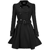 Sexyshine Women's Winter Double Breasted Dress Coats Winter Trench Jacket with Belt A-Line Mid Long Slim Flared Swing Peacoat