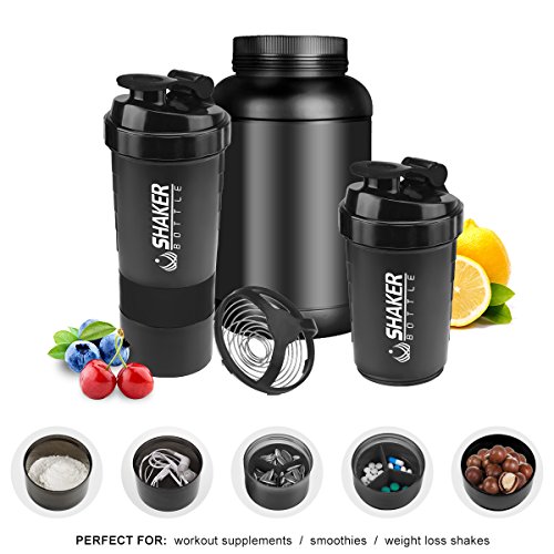 VIGIND 22 OZ Protein Shaker Bottle with 3-Layer Twist and Lock Storage, 100% BPA-Free Leak Proof Fitness Sports Nutrition Supplements Non-Slip Mix Shake Bottle (Black)