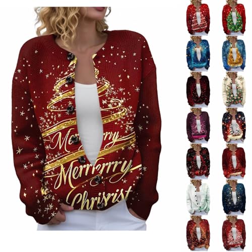 Angxiwan christmas tops Christmas Cardigans for Women UK Festival Theme Sparkly Trees Print Sweatshirt Cable Knit Casual Long the snowman jumper