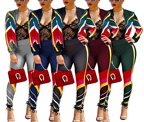 Women's Floral Print 2 Piece Set Open Front Zipper Jacket and Skinny Long Pants Plus Size Tracksuit - Thumbnail 3