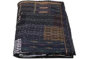 GDONLINE Indian Handmade Quilt Indian Silk Sari Kantha Quilted Patchwork, Silk Kantha Blanket Throw, Boho Vintage Bedspreads, (Black, Twin 60" x 90")