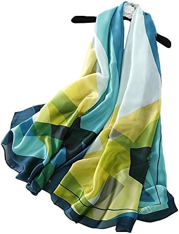 YEX Women Scarves Satin Silk Geometric Pattern Prints Long Lightweight Sunscreen Shawls Scarf for Women 35 x 70 inches (Green, Yellow)