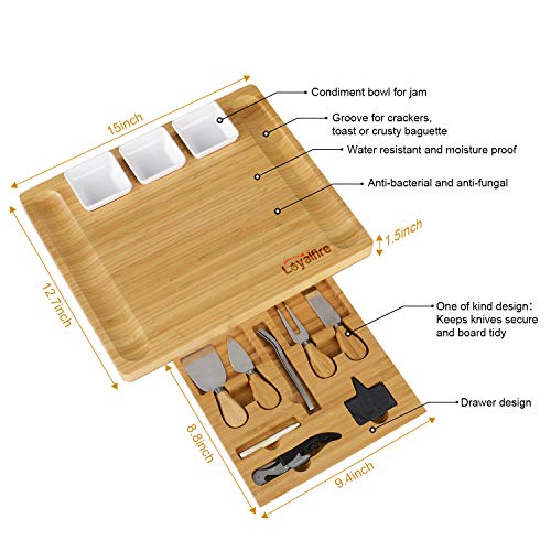 Cheese Board Set, Loyalfire Bamboo Large Thick Charcuterie Platter Serving Tray with Slide Out Drawer for Cutlery 4 Stainless Steel Knives and Wooden Server, for Wine, Crackers, Brie and Meat - Thumbnail 2