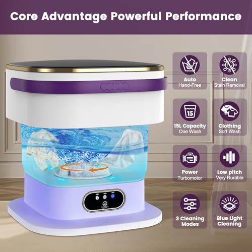 Mini Washing Machine, 15L 2 in 1 Portable Washing Machine with Spin and 3 Cleaning Modes for Small Clothes, Folding Camping Washing Machine for Travel, Apartments (Purple)