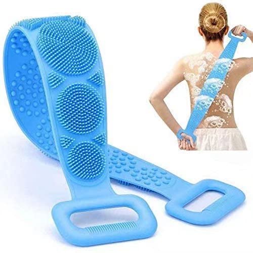 Silicone Bath Body Brush, Bath Exfoliating Silicone Body Back Scrubber for Shower, Extended 70 cm Exfoliating Body Scrubber for Men and Women,Bathing Accessories Long Handle (Blue)