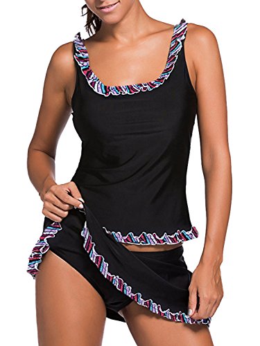 Begirlly Womens Ruffle Trim Active Tank Top and Skirt Tankinis Swimsuit 2 Piece