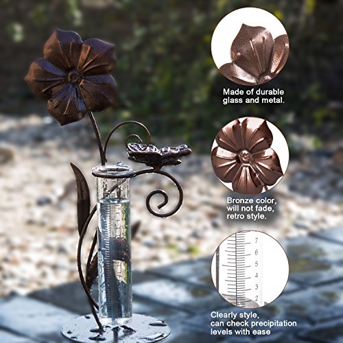 CEDAR HOME Rain Gauge Outdoor Garden Wireless Glass Brass Metal Tabletop Cute Professional Raingauge for Lawn Yard Patio Decor 8oz. by, 10.5" W x 6" D x 16" H, Butterfly and Flower
