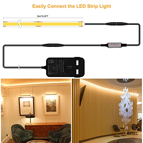 TTWAY COB LED Strip Lights 2700K, Dimmable LED Strip Kit, Super Bright 24V LED Tape Lights CRI90+ with RF Remote and UKCA Power Supply for DIY Home Decoration, 5M, 2400LEDs, Warm White.