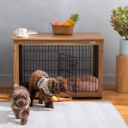 SIMPLY+ Wooden Dog Crate with Slide Tray, Wooden Wire Dog Kennels with