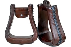 Western Saddle Bell Dark Oil Leather Horse Saddle Stirrups Pair Set 002