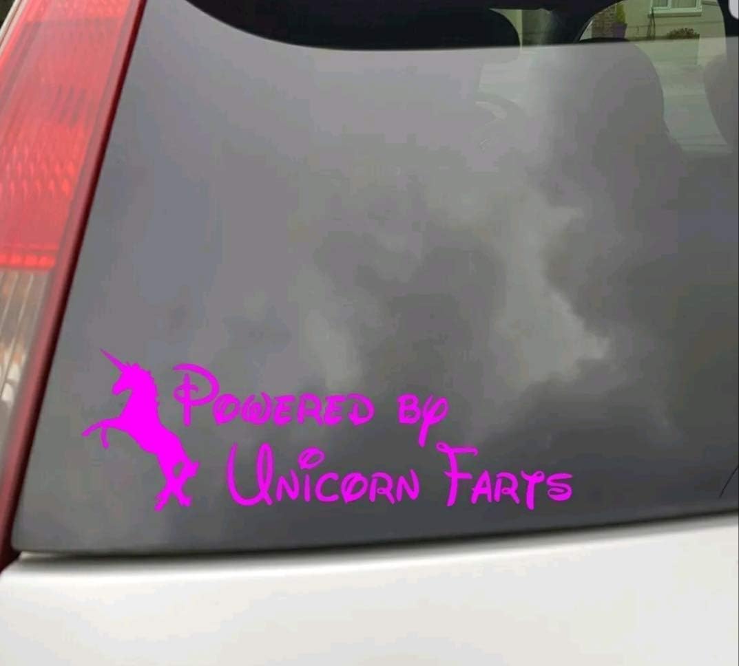 Powered By unicorn farts - pink funny car van bike vinyl decal sticker