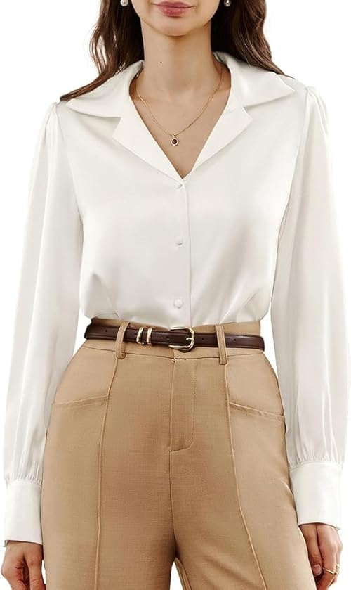 Belle Poque Women's Satin Silk Shirts Long Sleeve V-Neck Button Down Work Office Blouse Elegant Shirts White