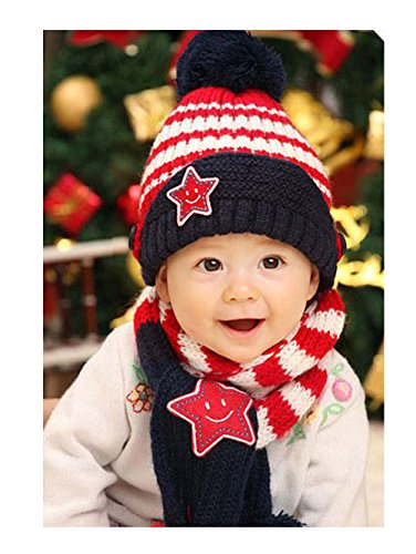 S E Kid Infant Girl Boys Knitted Double Stripe Color Smile Star Pattern Cap Hat Scarf Wrap Set (Red)