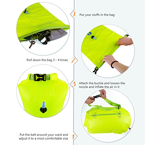 20L Waterproof Dry Bag, Ultralight Swim Buoy and Safety Float for Open Water Triathletes, Kayak, Snorkeling,Surfers, Beach, Swimming, Boating with Adjustable Waist Belt (fluo green) - Thumbnail 4