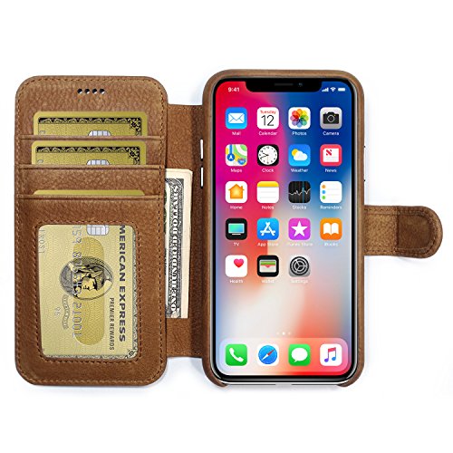 Burkley Leather Wallet Folio Case for Apple iPhone X with Magnetic Closure| Book Style Cover with Card Holders and Kickstand in a Gift Box | TAN
