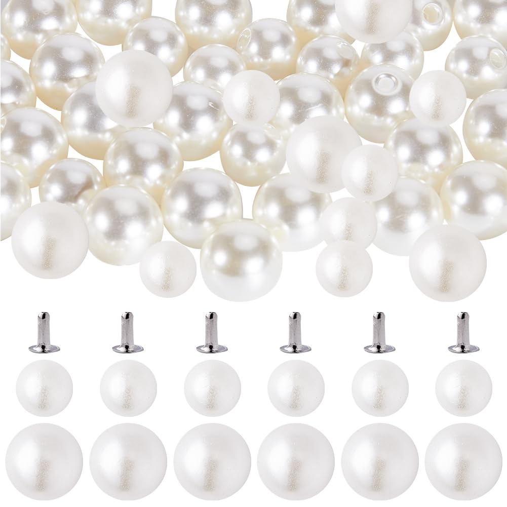 GORGECRAFT 1 Box 200 Set Pearl Rivet 6mm 8mm Half Hole Faux Pearls Rivets Studs Buttons White Pearls Beads Pins Embellishments for Clothing Hat Bags Shoe Bridal Veil Dress DIY Decoration Crafts