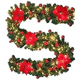 BullStar 9 Feet Christmas Decorations Christmas Garland with Lights Artificial Wreath with Berries and Pinecones Xmas Decorations for Stairs Wall Door (1 Pack, C-red)