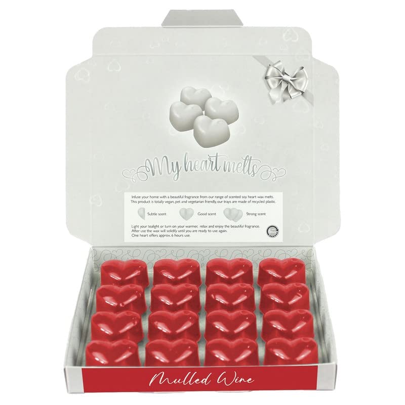 Mulled Wine Wax Melts: 16 x 5g PCS Heart Shaped Scented Wax Melts in a Presentation Gift Box, Vegan & Pet Friendly, Cruelty Free, Candle Alternative