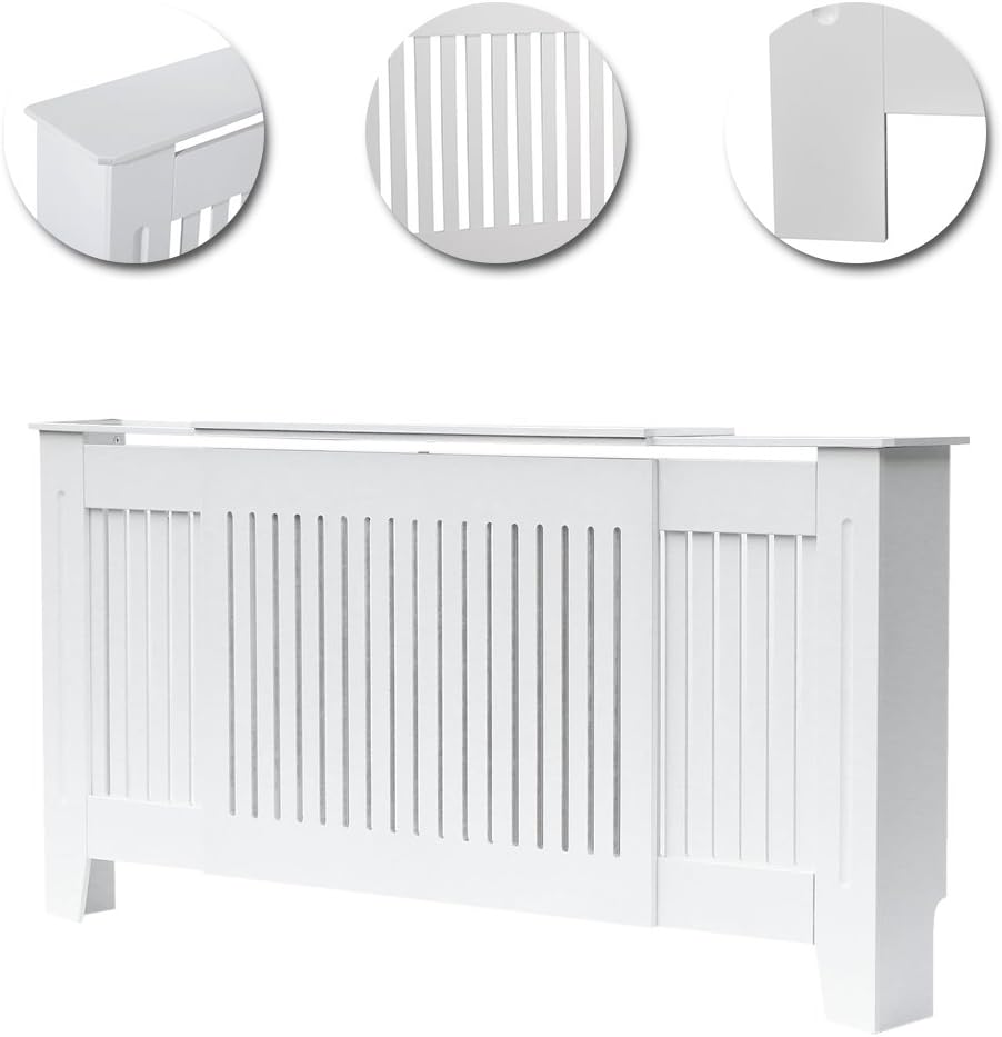 TANBURO Traditional Matte Painted Radiator Cover Cabinet Vertical Slatted White E1 MDF Adjustable Size X-Large 140-204 x 19 x 81.5cm