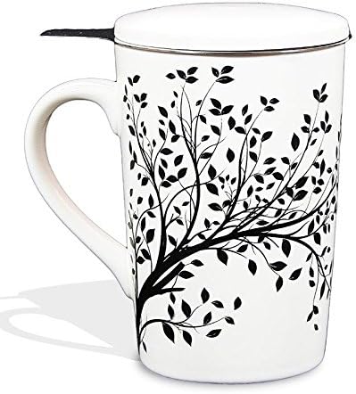 Tea Branch - Black Tree, Ceramic Tea Infuser Mug With Filter and Lid, Single Tea Set, Tea Strainer Mug For Loose Leaf Tea, Tea For One Set, Tea Gifts, Porcelain, Brewing Infuser Tea Cup 12.8 ounce