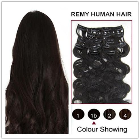 Soucool 16" Remy (Remi) Wavy Clip In/on Human Hair Extensions Natural Black(#1b)7 Pieces(pcs) [Set Weight:70-80 Grams]