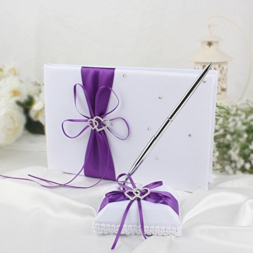 Wedding Flower Girl Basket and Ring Bearer Pillow Set, Purple Satin, Ring Pillow + Flower Girl Basket + Wedding Guest Book +Pen Set + Garter Cover - Thumbnail 3