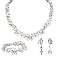 EVER FAITH Austrian Crystal CZ Simulated Pearl Victorian Style Necklace Earrings Bracelet Set Clear