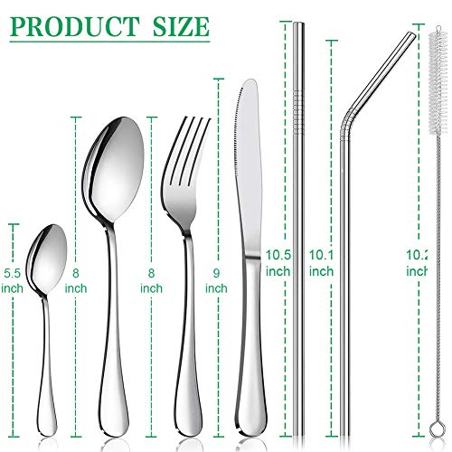 LPOLER Travel Utensils Silverware Set Flatware Portable Cutlery Set Service for 1 with 8 Pieces Stainless Steel Dinner Knives Spoons Forks Set Straws Cleaning Brush, Mirror Polished, Dishwasher Safe