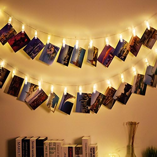 Weico LED Photo Clips String Lights, 13 Feet 40 Picture Clips Starry Fairy Twinkle Lights, Wedding Party Home Decor for Hanging Photos, Post Cards and Artwork (Battery Powered, Warm White)