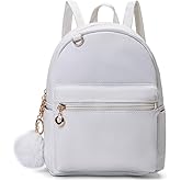 YiXiamo Cute 10 Inch Mini PU Backpack with D-Ring & Removable Fluffy Ball Charm for Teens & Women (white)