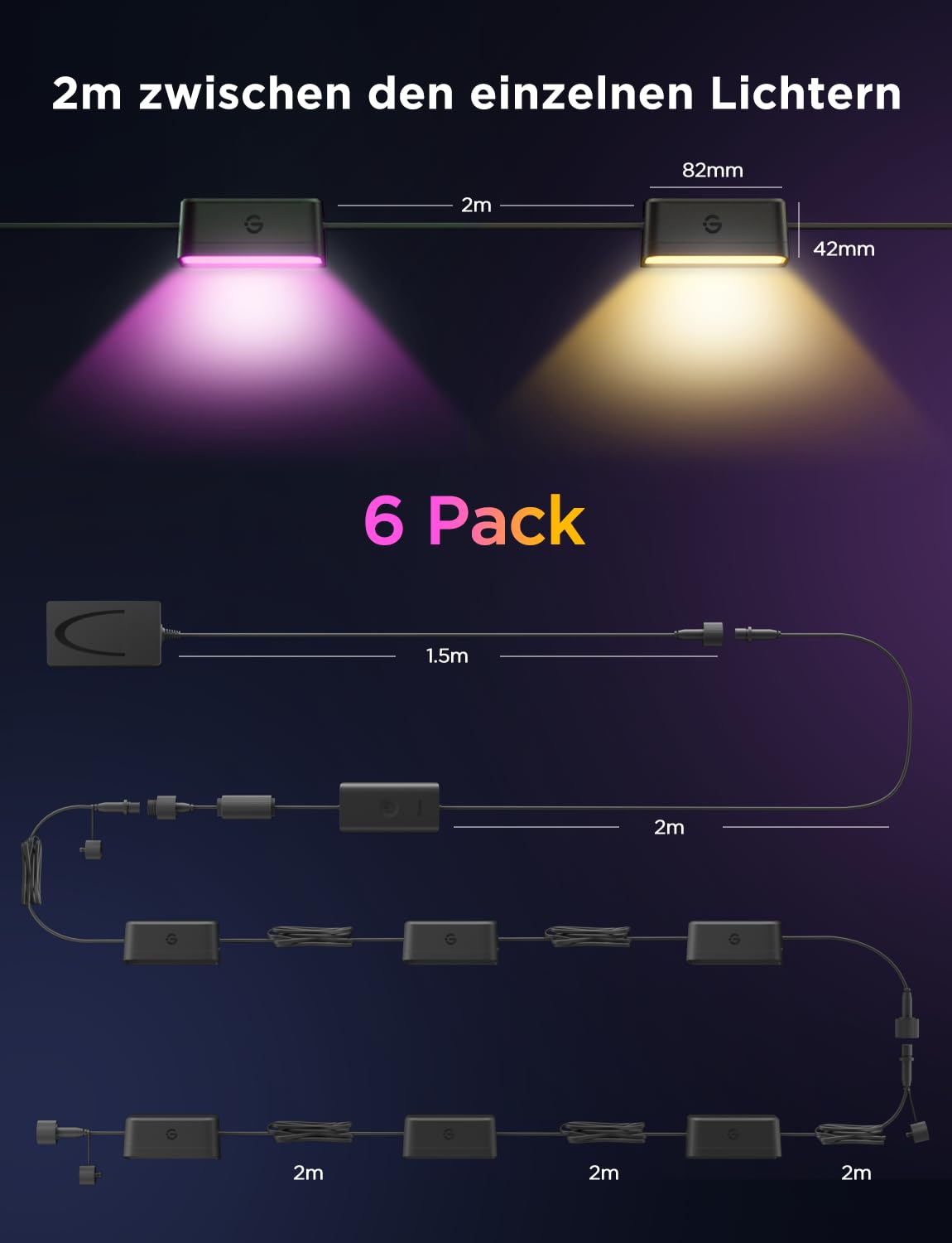 Govee Wandleuchte Aussen, RGBWIC, 180lm mit 4000K Smartes Weißlicht, Musik-Sync und über 60 Szenenmodi, IP65 wasserdicht für Garten, Zaun, funktioniert mit Alexa und Matter, Google Assistant, 6er-Pack 8