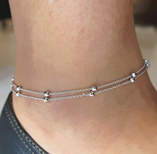 Fashion Anklet Bracelet Double-chained, Bohemian Style and Coachella Inspired (Color-Silver)