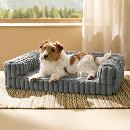 Bedsure Orthopedic Dog Sofa Bed – Medium Dog Bed 76 x 51 x 16.5 cm with Edges, Memory Foam Egg Cup, Waterproof, Non-Slip, Removable Corduroy Cover, Grey
