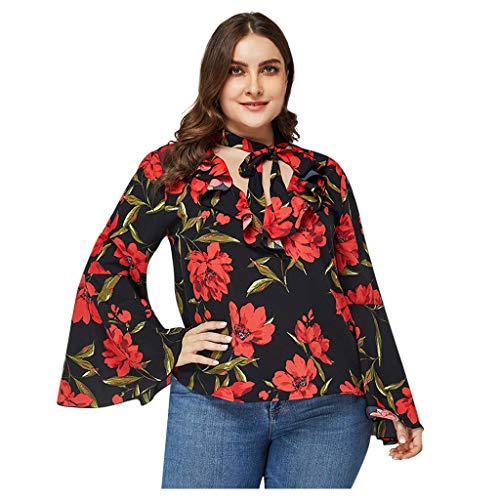 jiumoji Women Trumpet Sleeve Blouse Frint Tie Neck Floral Printing Tops Large Size Loose Elegant Shirt (-Red, XXXL)
