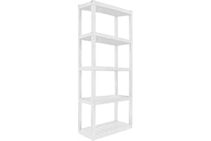 KOOLATRON Oskar Heavy Duty Plastic Storage Shelves- for Garage, Kitchen, Bathroom Basement, Kids Room, Stackable 5-Tier White Organizer Rack for Books Shoes, Toys, Pantry, Cleaning and Closet Organization