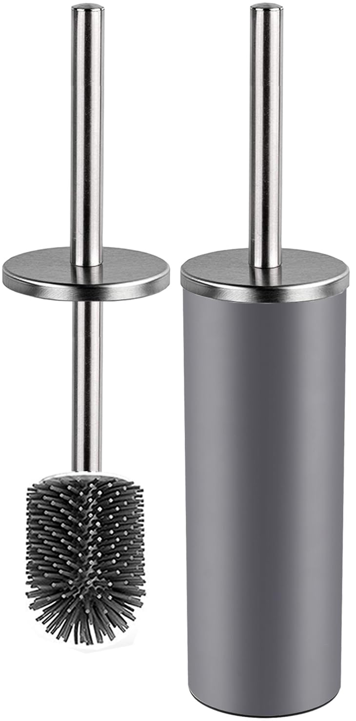 Bingobang Toilet Brush and Holder,Stainless Steel Lid Handle,Silicone Deep Cleaner Toilet Brushes with Quick Drying Holder Set for Bathroom Toilet(Grey)