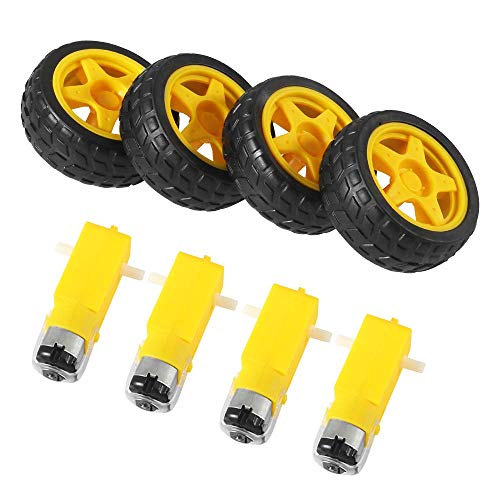 Aokin 4PCs DC Electric Motor with 4Pcs Plastic Toy Car Tire Wheel, 3-6V Dual Shaft Geared TT Magnetic Gearbox Engine