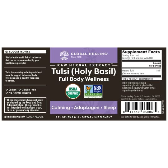 Global Healing Organic Tulsi (Holy Basil Leaf Extract) Vegan Liquid