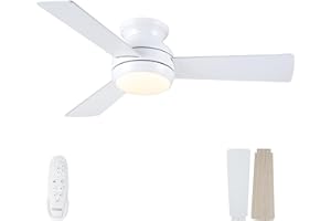 POCHFAN Flush Mount Ceiling Fans With Light and Remote 42 Inch, Low Profile White Ceiling Fan with Quiet DC Motor, Dimmable 6 Speeds Reversible LED Modern Ceiling Fan for Bedroom, Living Room