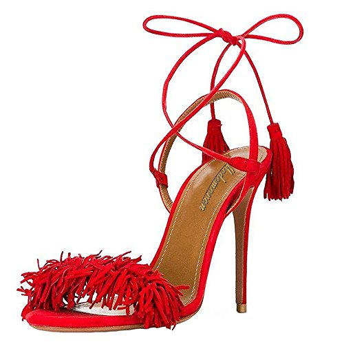 Modemoven Women's Red Suede Fringe Open Toe Heeled Sandals Self Tie Straps Tassel High Heels Stilettos Shoes - 9.5 M US