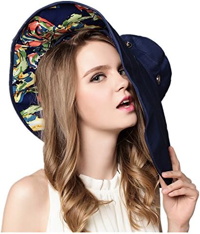 FTSUCQ Womens Sun Hat Floppy UPF 50+ Bonnet Folding Large Brim Cap,Navyblue