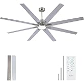 Newday 72 inch Large Ceiling Fans with Lights and Remote, Indoor/Outdoor Brushed Nickel Ceiling Fan for Living Room Patio, 6 Speeds Slient Reversible DC Motor, 3CCT, Timer, 3 Downrods, 8 Blades
