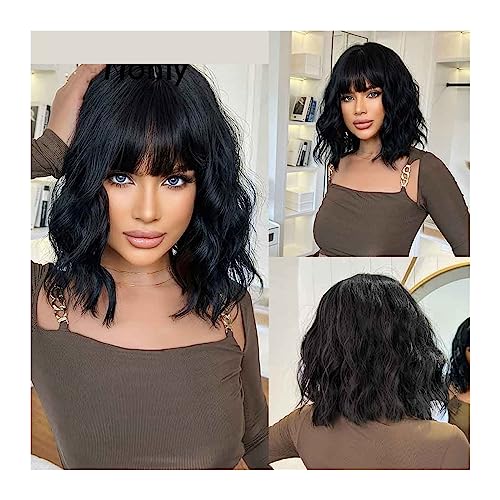 yanzhuen001 Wavy Wigs Black Wig with Bangs Natural Wigs for Women Short Wavy Synthetic Wig Daily Party Heat Resistant Hair Women's Wigs