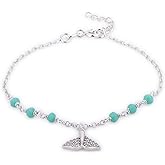 Vanbelle Sterling Silver Jewelry - Rhodium Plated with 925 Stamp - Studded Hanging Whale Tail with Cubic Zirconia Stones & Turquoise Beaded Chain - Beautifully Handcrafted for Women - 6.5" Long + 1" Extender